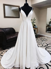 Wedding Dresse Vintage Lace, A Line V Neck White Wedding Dresses with Lace Back, White V Neck Prom Formal Dresses
