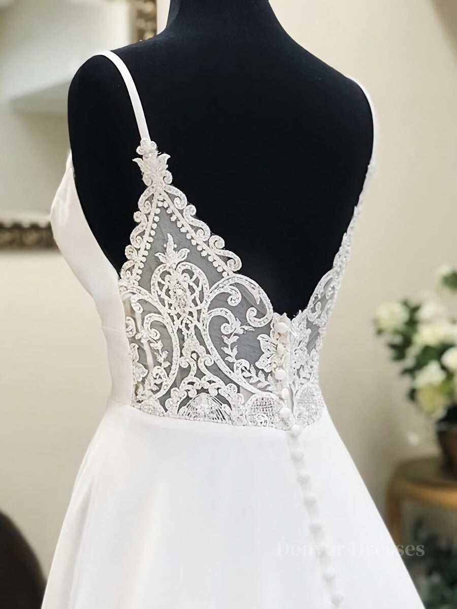 Wedding Dress Budget, A Line V Neck White Wedding Dresses with Lace Back, White V Neck Prom Formal Dresses