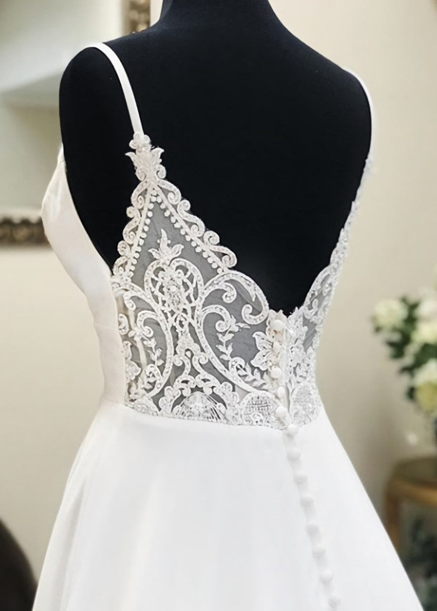Wedding Dresses For Bridesmaids, A Line V Neck White Wedding Dresses with Sweep Train, White Formal Evening Prom Dresses