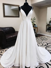 Wedding Dresses Beautiful, A Line V Neck White Wedding Dresses with Sweep Train, White Formal Evening Prom Dresses