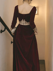 Prom Dress Inspo, A-Line Vintage Formal Velvet Evening Dress with Appliques,Long Sleeve Dinner Dresses
