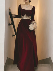 Prom Dress Ideas Unique, A-Line Vintage Formal Velvet Evening Dress with Appliques,Long Sleeve Dinner Dresses