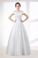 Wedding Dress Cheap, A-Line White Satin Lace Off The Shoulder Wedding Dresses
