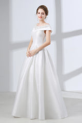 Wedding Dresses 2032, A-Line White Satin Lace Off The Shoulder Wedding Dresses