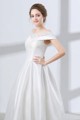 Wedding Dresses Online Shopping, A-Line White Satin Lace Off The Shoulder Wedding Dresses