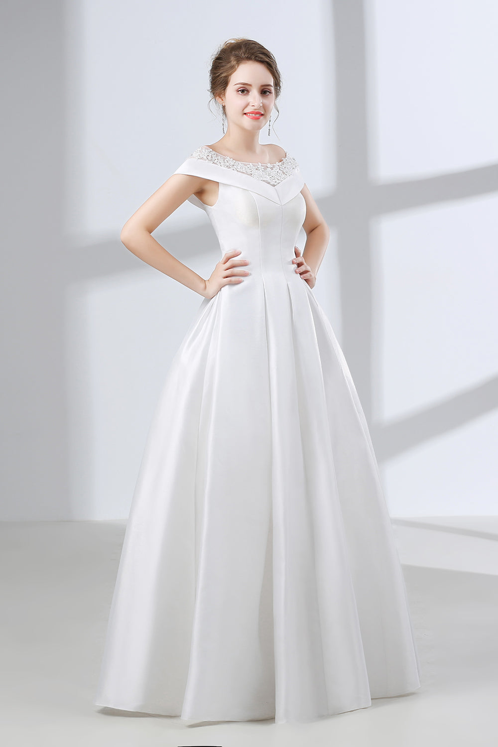 Wedding Dress Online Shopping, A-Line White Satin Lace Off The Shoulder Wedding Dresses