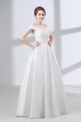 Wedding Dress Online Shopping, A-Line White Satin Lace Off The Shoulder Wedding Dresses