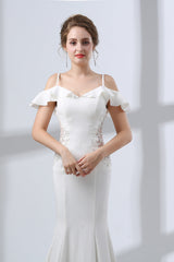Prom Dresses Light Blue, A-Line White Satin Short Sleeve Off the Shoulder Prom Dresses