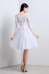 Party Dress, A-Line White Tulle Appliques Long Sleeve Homecoming Dresses