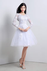 Graduation Dress, A-Line White Tulle Appliques Long Sleeve Homecoming Dresses