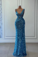 Blue Sleeveless Long Mermaid Sequins Prom Dress