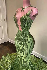 Best Prom Dress, Exquisite Green V-neck Sequins Sleeveless Floor-length Mermaid Prom Dresses
