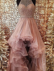 Prom Dresses 3 15 Sleeves, 2024 Glamorous Pink Beading Layers Asymmetrical Tulle Prom Dresses