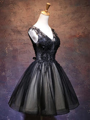Prom Dresses For Blondes, Adorable Black V-neckline Lace and Tulle Party Dress, Short Prom Dress