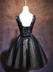 Prom Dress Corset, Adorable Black V-neckline Lace and Tulle Party Dress, Short Prom Dress