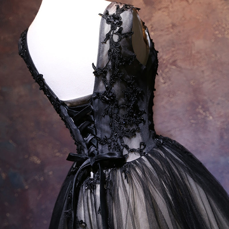 Prom Dresses Boho, Adorable Black V-neckline Lace and Tulle Party Dress, Short Prom Dress