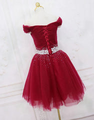 Quince Dress, Adorable Dark Red Homecoming Dress , Tulle Off the Shoulder Party Dress