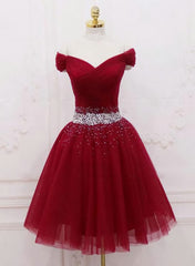 Short Dress, Adorable Dark Red Homecoming Dress , Tulle Off the Shoulder Party Dress