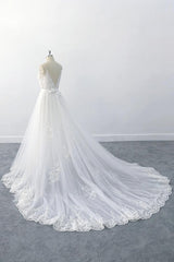 Wedding Dress Styles, Amazing Long A-line V-neck Ruffle Appliques Tulle Wedding Dress