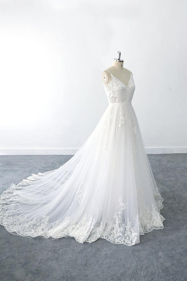 Wedding Dress Ideas, Amazing Long A-line V-neck Ruffle Appliques Tulle Wedding Dress