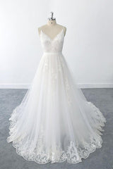 Wedding Dresses Lace, Amazing Long A-line V-neck Ruffle Appliques Tulle Wedding Dress