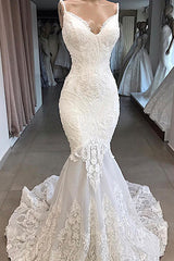 Wedding Dress Sexy, Amazing Long Mermaid Appliques Tulle Backless Wedding Dress