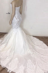 Wedding Dress Aesthetic, Amazing Long Mermaid Strapless Appliques Lace Wedding Dress