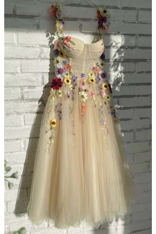 Prom Dress Long Open Back, Ankle Length Tulle Straps Prom Dress with Flowers, A Line Party Gown