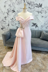 Elegant Wedding, Pink Off-Shoulder Mermaid Satin Long Mother of Bride Dress