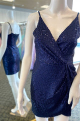 Formal Dresses For Sale, Navy Blue Sequins V-Neck Mini Homecoming Dress