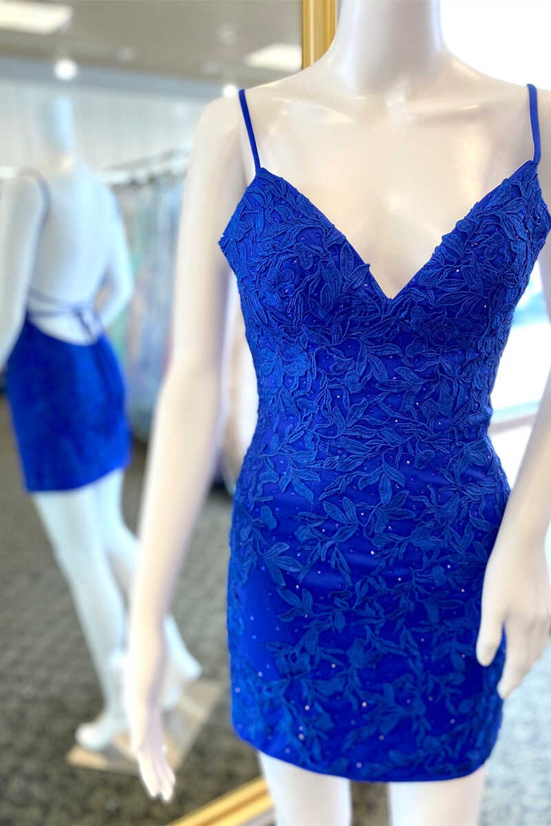 Bridesmaid Dresses Inspiration, Royal Blue Appliqu¨¦s Backless Mini Homecoming Dress