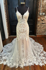 Wedding Dress For Outside Wedding, Elegant V Neck Mermaid Lace Appliques Wedding Dresses