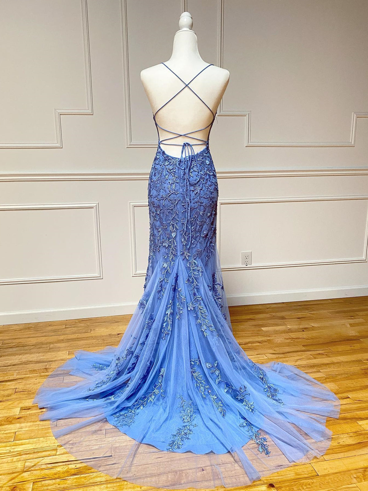 Prom Dresses Fitted, Backless Blue Lace Mermaid Prom Dresses, Open Back Lace Mermaid Formal Evening Dresses