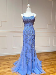 Prom Dresses Blue, Backless Blue Lace Mermaid Prom Dresses, Open Back Lace Mermaid Formal Evening Dresses