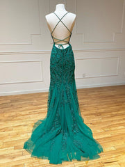Prom Dress Ball Gown, Backless Green Lace Mermaid Prom Dresses, Open Back Mermaid Lace Formal Evening Dresses