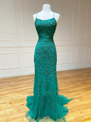 Prom Dress V Neck, Backless Green Lace Mermaid Prom Dresses, Open Back Mermaid Lace Formal Evening Dresses
