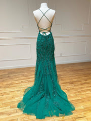 Prom Dress With Slit, Backless Green Mermaid Lace Prom Dresses, Open Back Green Lace Mermaid Formal Evening Dresses