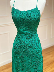 Prom Dresses With Slit, Backless Green Mermaid Lace Prom Dresses, Open Back Green Lace Mermaid Formal Evening Dresses