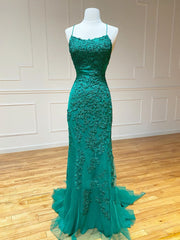 Prom Dress With Slits, Backless Green Mermaid Lace Prom Dresses, Open Back Green Lace Mermaid Formal Evening Dresses