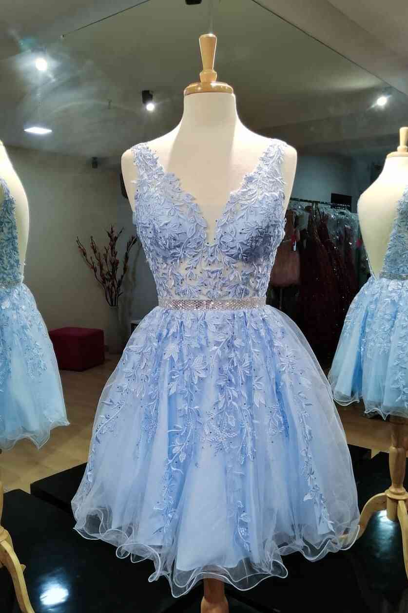 Bridesmaid Dresses Different Style, Backless Light Blue Lace Applique Short Homecoming Dresses