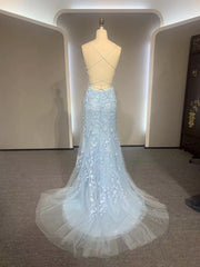 Formal Dresses Over 41, Backless Light Blue Lace Prom Dresses, Open Back Light Blue Lace Formal Evening Dresses