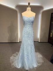 Formal Dresses Royal Blue, Backless Light Blue Lace Prom Dresses, Open Back Light Blue Lace Formal Evening Dresses