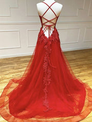 Prom Dresses Simple, Backless Red Lace Prom Dresses, Open Back Red Lace Formal Evening Dresses