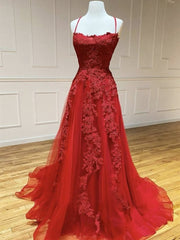 Prom Dress A Line Prom Dress, Backless Red Lace Prom Dresses, Open Back Red Lace Formal Evening Dresses
