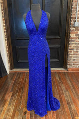 Formal Dresses Long Gowns, Backless Royal Blue Sequin Prom Gown with Slit,Formal Dress with Sequins