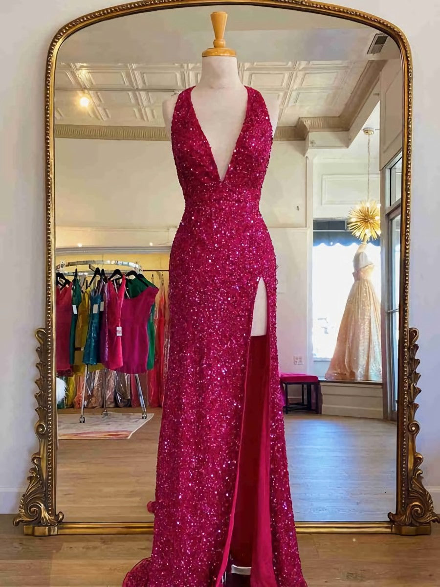 Formal Dress Boutiques Near Me, Backless Royal Blue Sequin Prom Gown with Slit,Formal Dress with Sequins
