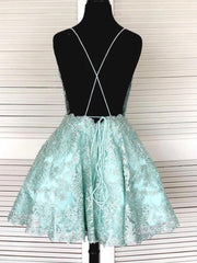 Gown Dress Elegant, Backless Short Mint Green Lace Prom with Straps,Graduation Homecoming Dresses
