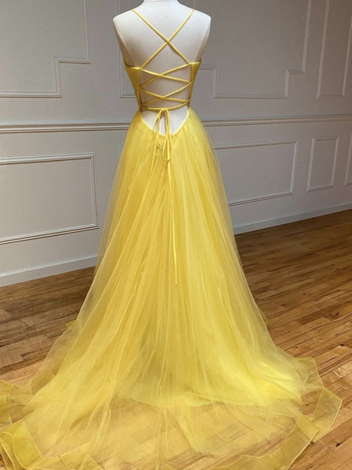 Prom Dress Unique, Backless Yellow Tulle Long Formal Evening Dresses, Open Back Yellow Tulle Long Prom Dresses