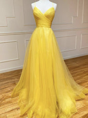 Prom Dresses Ideas, Backless Yellow Tulle Long Formal Evening Dresses, Open Back Yellow Tulle Long Prom Dresses