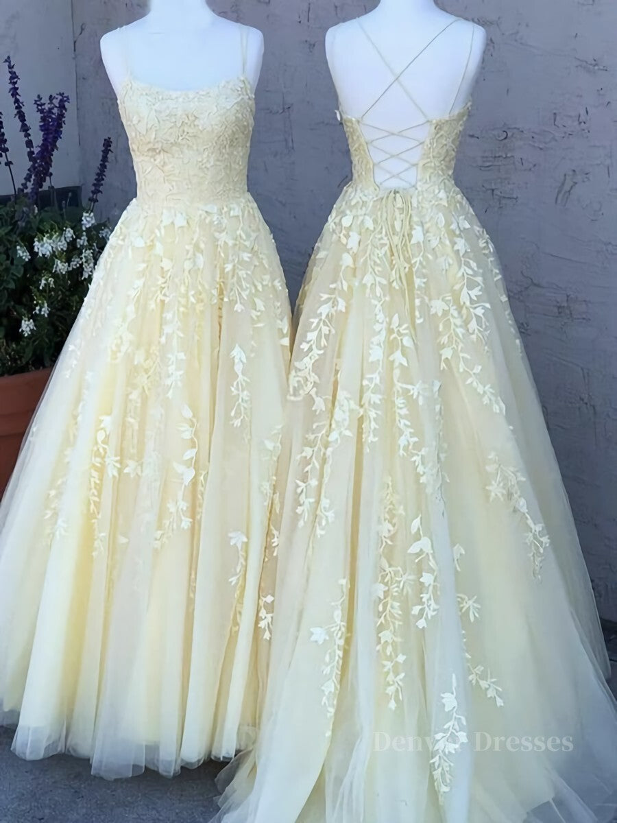 Prom Dresses Princesses, Backless Yellow Tulle Long Lace Prom Dresses, Open Back Yellow Lace Formal Evening Dresses